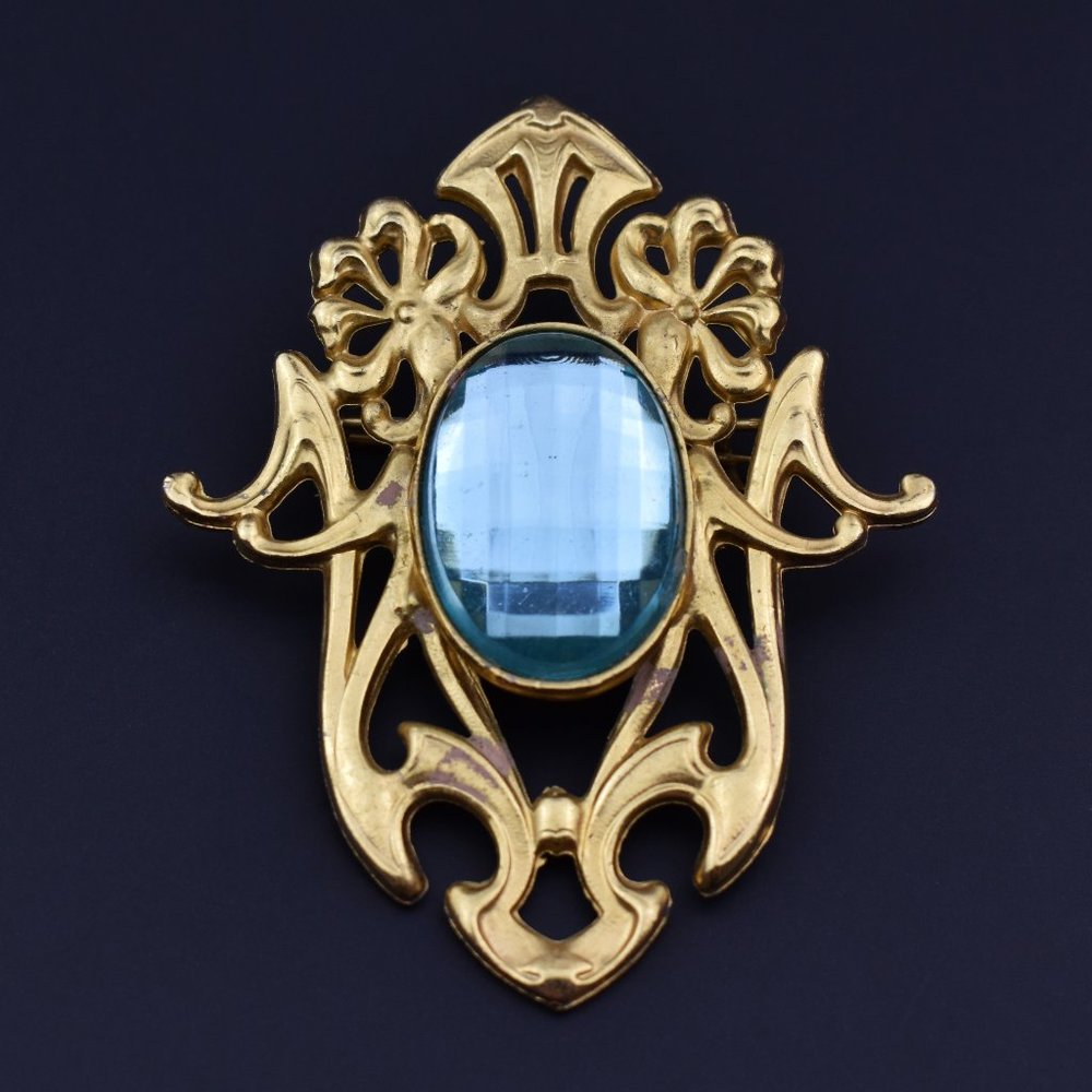 Blue crystal vintage brooch gold tone, large accent lapel pin for women
